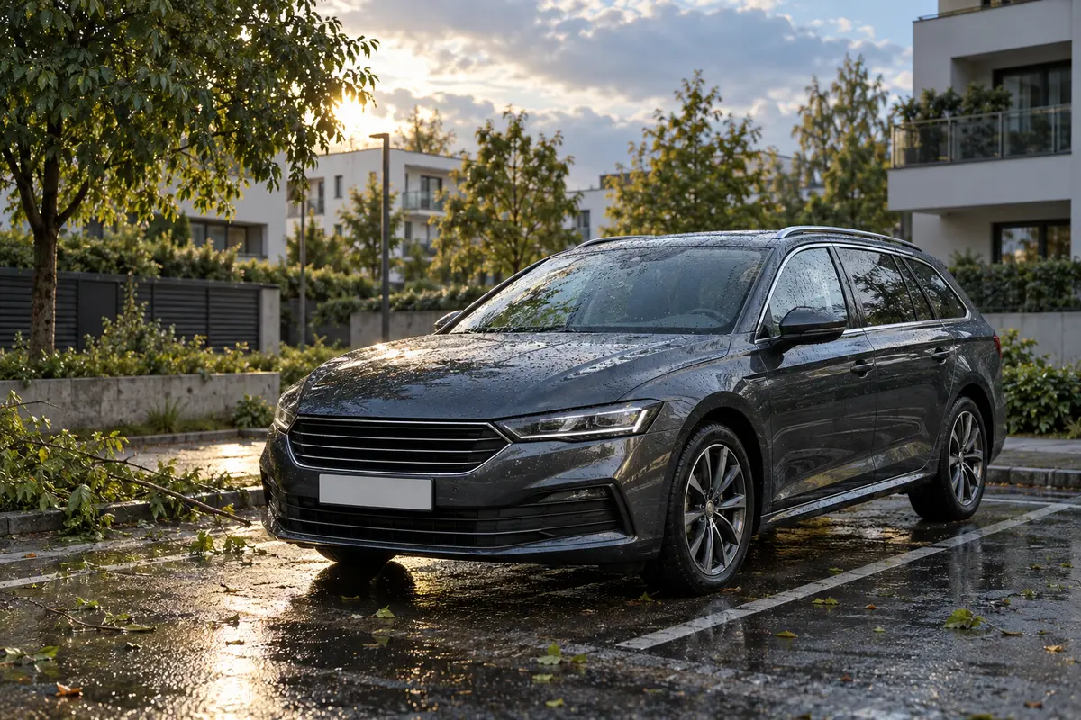 Samochód na parkingu po intensywnym deszczu