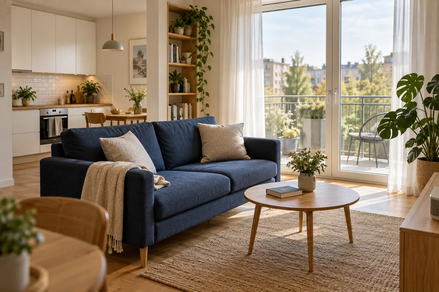 Jasny salon z aneksem kuchennym i wyjściem na balkon