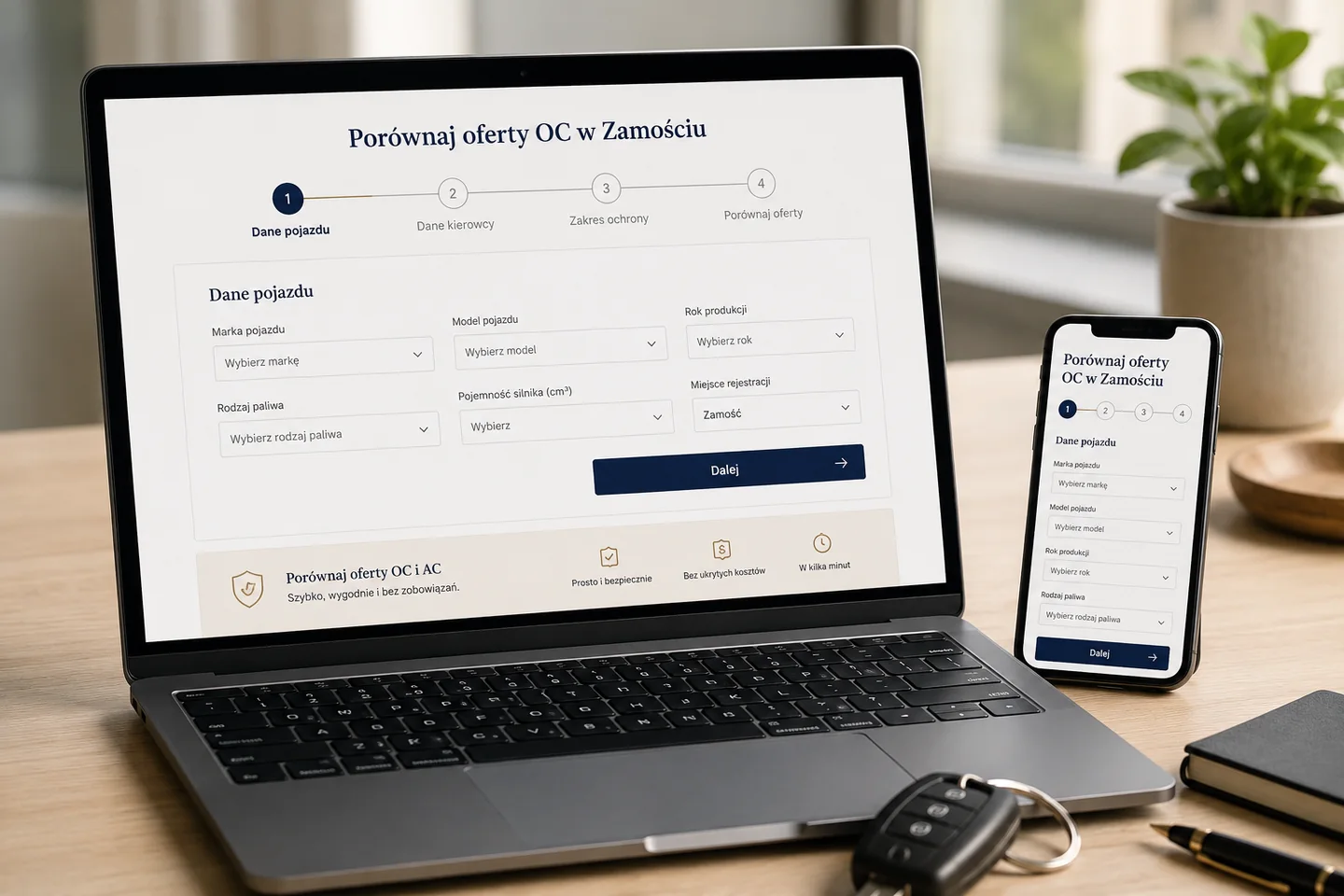 Porównanie ofert OC online na laptopie i telefonie