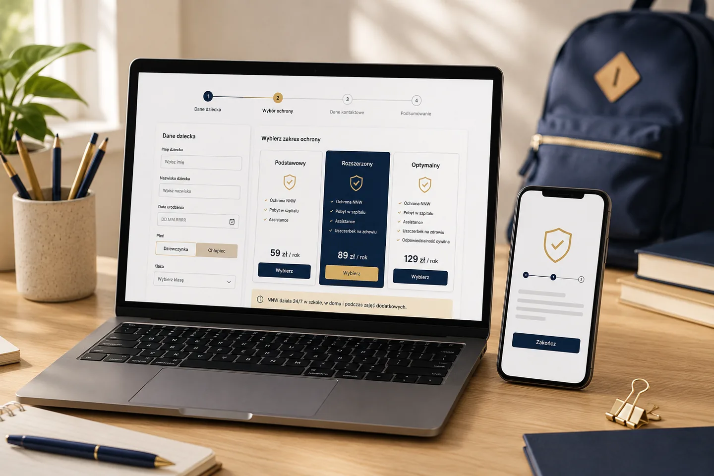 Zakup ubezpieczenia szkolnego online na laptopie i telefonie