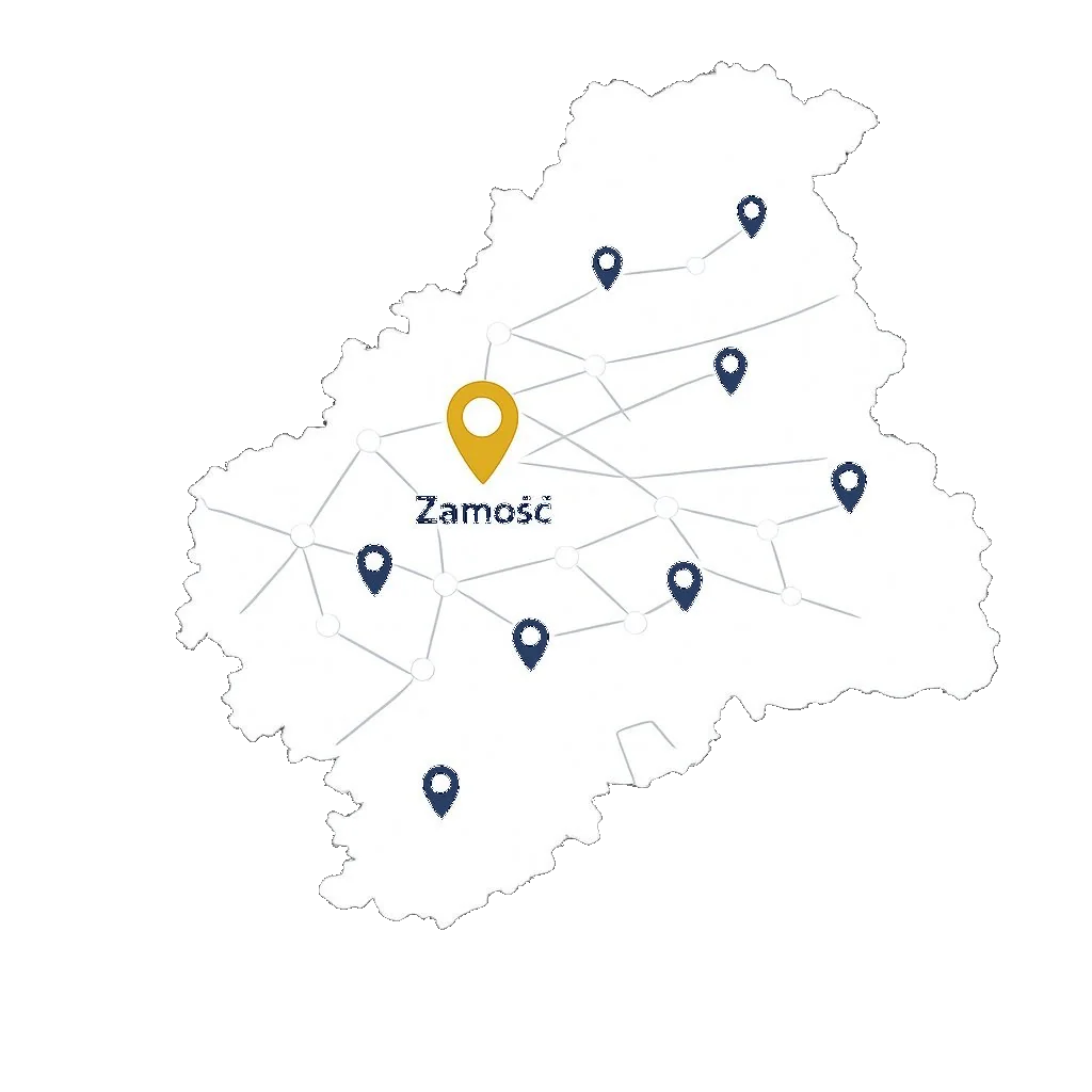 Mapa obszaru obsługi KM Ubezpieczenia w powiecie zamojskim