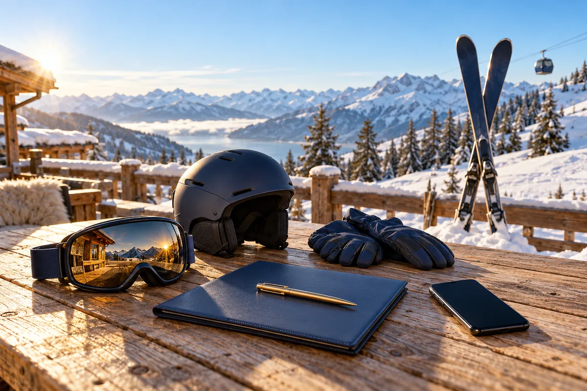 Narciarski ekwipunek na tarasie w Alpach: kask, gogle, rękawice, teczka z dokumentami, telefon i narty